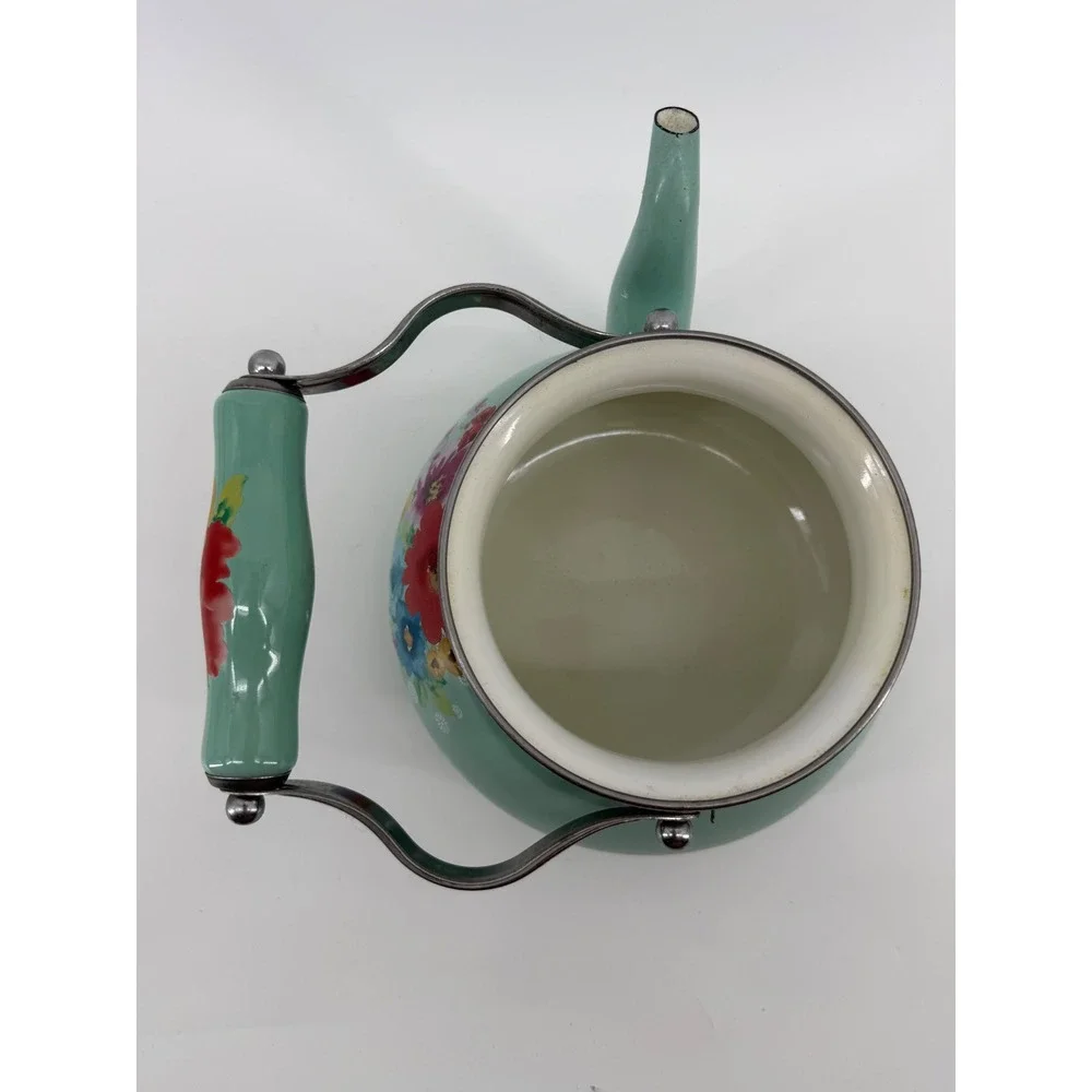 The Pioneer Woman Breezy Blossom Enamel on Steel Tea Kettle Mint Green Floral